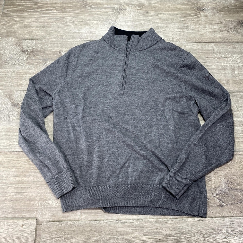 Under Armour Sweater Mens Large Gray Quarter Zip Pullover‎ Logo Wool
